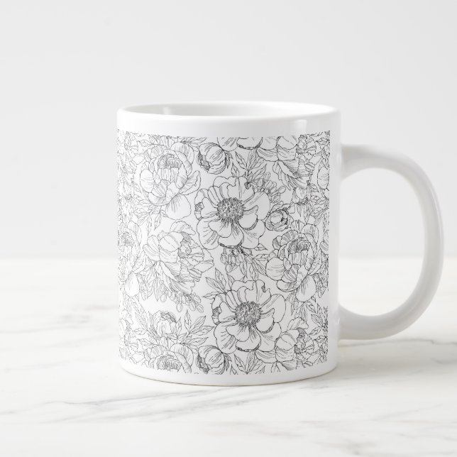 Vintage Peony Floral Pattern Large Coffee Mug (Right)