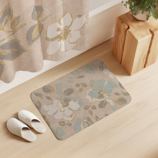 Vintage Peony Flowers Cream Beige Aqua Bath Mat