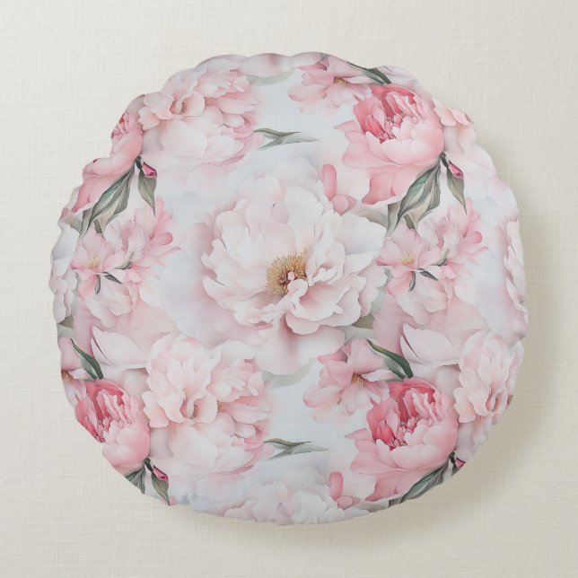 Vintage Peony Garden Bed Pillow – Soft Blush  (Front)