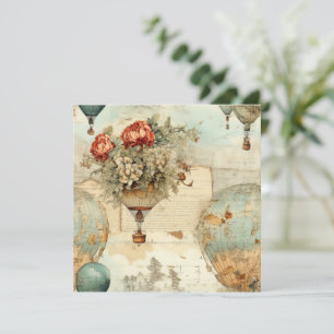 Vintage Peony Hot Air Balloon Antique Map