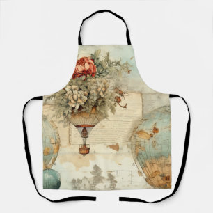 Vintage Peony Hot Air Balloon Antique Map Apron