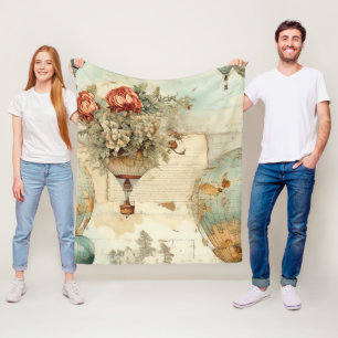 Vintage Peony Hot Air Balloon Antique Map Fleece Blanket
