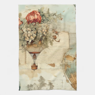 Vintage Peony Hot Air Balloon Antique Map Tea Towel
