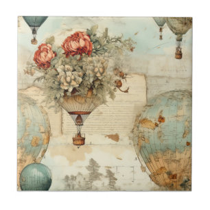 Vintage Peony Hot Air Balloon Antique Map Tile