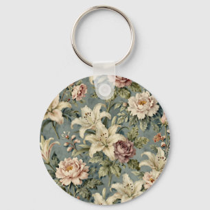 Vintage Peony Lily Floral Pattern Key Ring