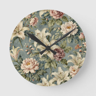 Vintage Peony Lily Floral Pattern Round Clock