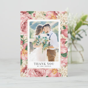 Vintage Peony Pattern Wedding Photo Wedding Thank You Card