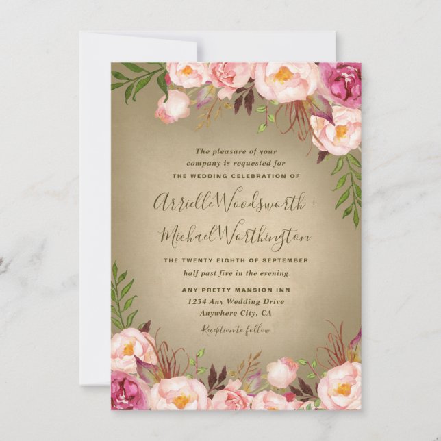 Vintage Peony Rose Blush Wedding Invitations (Front)