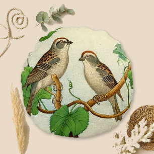 Vintage Perched Birds Round Cushion