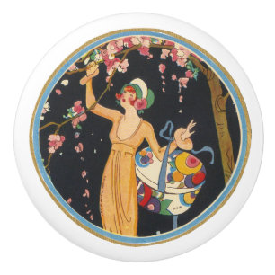 Vintage perfume ad woman picking cherry blossoms ceramic knob