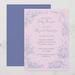 Vintage Periwinkle Blue & Pink Baby Shower Invitation