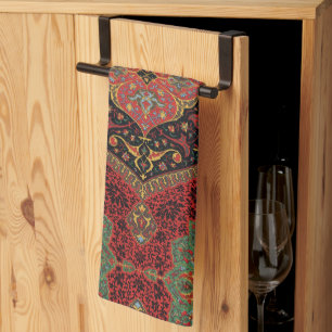 Vintage Persian Rug Pattern Red Green Arabesque Tea Towel