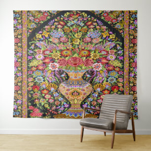 Vintage Persian Turkish Floral Flowers Mid Century Tapestry