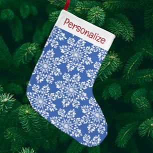 Vintage Personalised Blue Green White Snowflakes Large Christmas Stocking
