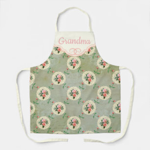 Vintage Personalised Rose Doily Faded Smoky Green Apron