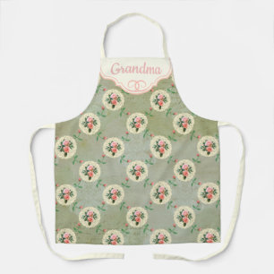 Vintage Personalised Rose Doily Faded Smoky Green  Apron