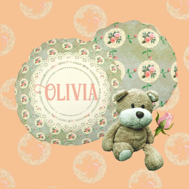 Vintage Personalised Rose Doily Green Damask  Round Cushion (Showing front and back of this darling round pillow!)