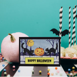 Vintage Personalizable Cats Pumpkin Halloween Postcard