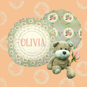 Vintage Personalized Rose Doily Green Damask Round Cushion