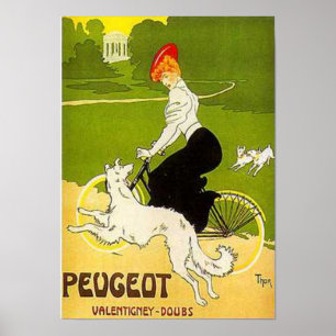 Vintage Peugeot Woman Riding Cycle with Dog Runnin Poster