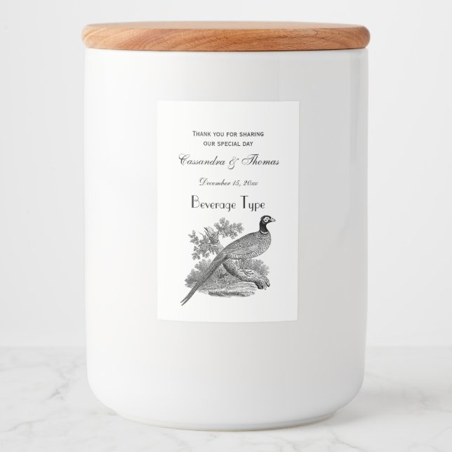Vintage Pheasant Game Bird Drawing BW Food Label (Front)