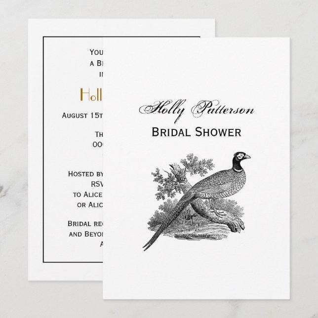 Vintage Pheasant Game Bird Drawing BW Invitation (Front/Back)