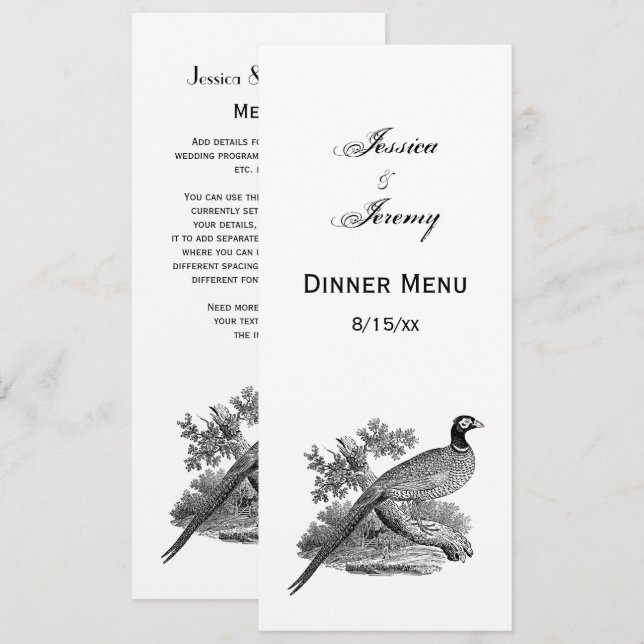 Vintage Pheasant Game Bird Drawing BW Invitation (Front/Back)