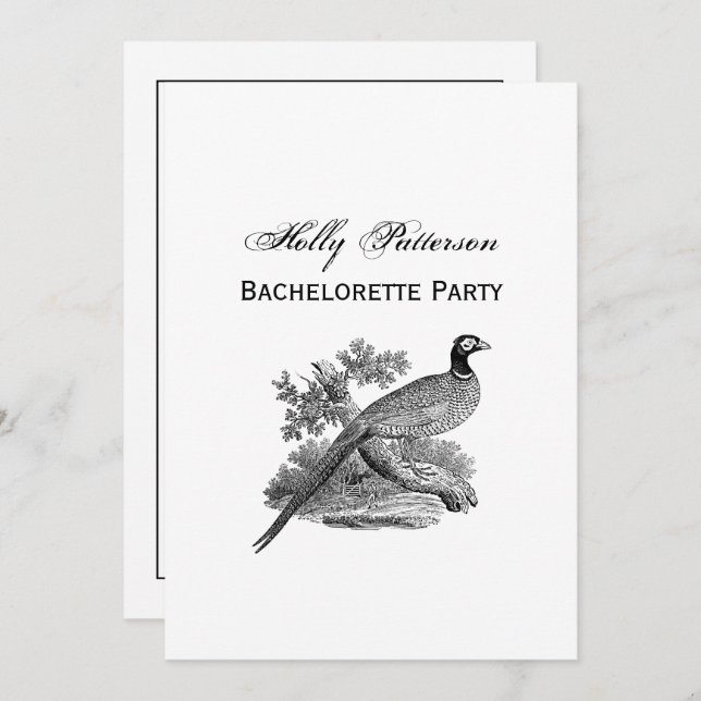 Vintage Pheasant Game Bird Drawing BW Invitation (Front/Back)