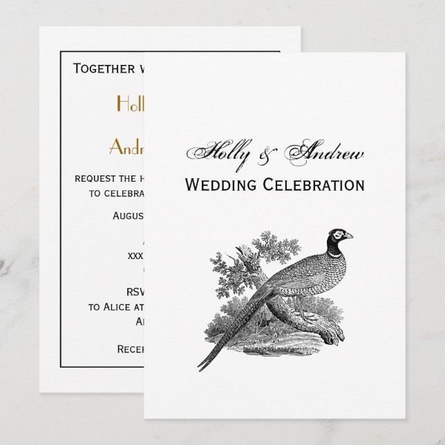 Vintage Pheasant Game Bird Drawing BW Invitation (Front/Back)