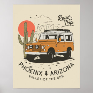 Vintage Phoenix AZ Desert Cactus Sunset Road Trip  Poster