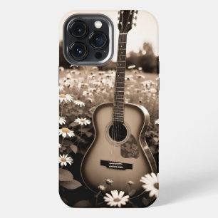 Vintage Photo Acoustic Guitar in a Daisy Field iPhone 13 Pro Max Case