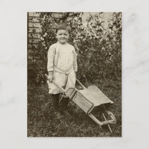 Vintage Photo- Boy- Wheelbarrow-  Postcard