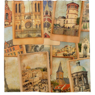 Vintage photo cards collage. European, Middle East Shower Curtain