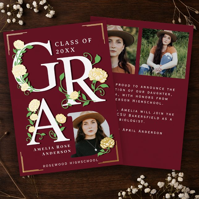 Vintage Photo Floral Graduation Foil Announcement (Creator Uploaded)