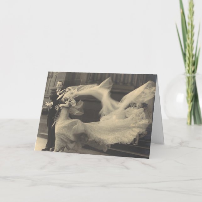 Vintage Photo Flowing Dress and Veil Wedding Card (Front)