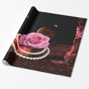 Vintage photo mix of rose, book and sand clock wrapping paper