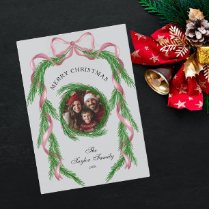 Vintage Photo Pink Ribbon Wreath Merry Christmas Invitation