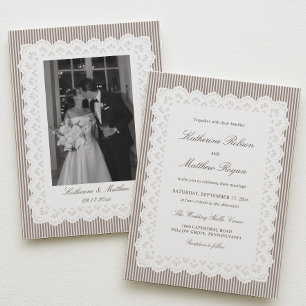 Vintage Photo Striped Brown Lace Wedding Invitation