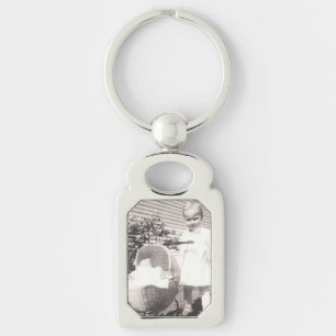 Vintage Photograph Little Girl w Baby Buggy Key Ring