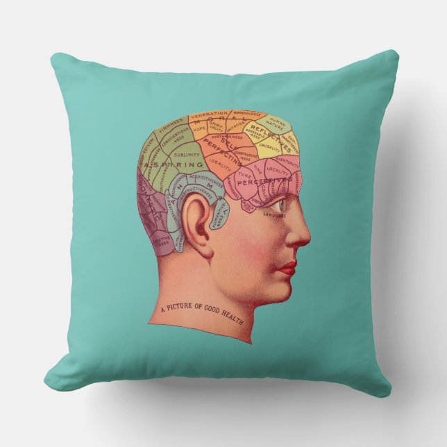 Vintage Phrenology Head Mind Brain Map Cushion (Front)