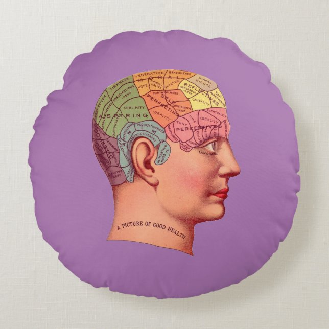 Vintage Phrenology Head Mind Brain Map Round Cushion (Front)