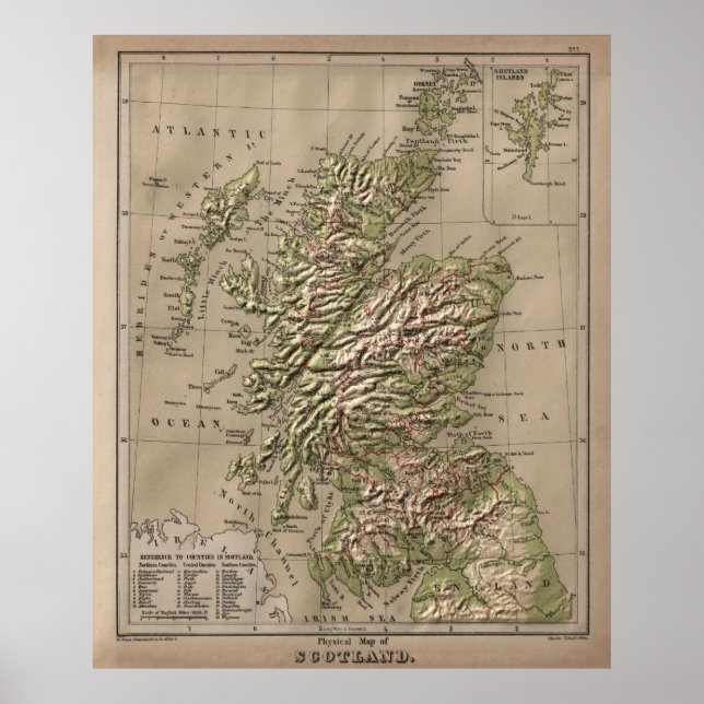 Vintage Physical Map of Scotland (1880) Poster (Front)