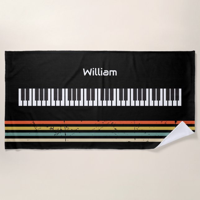 Vintage  Piano Keyboard Personalised Musician's Beach Towel (Front)