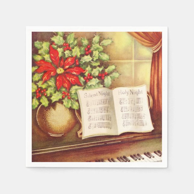 Vintage Piano, Silent Night Pointsettia Christmas Napkin (Front)
