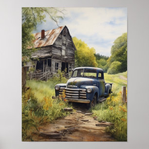 Vintage pick up truck by country barn water colour poster
