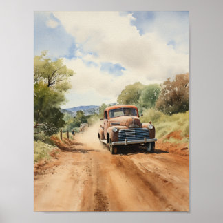 Vintage pick up truck on country road watercolor poster