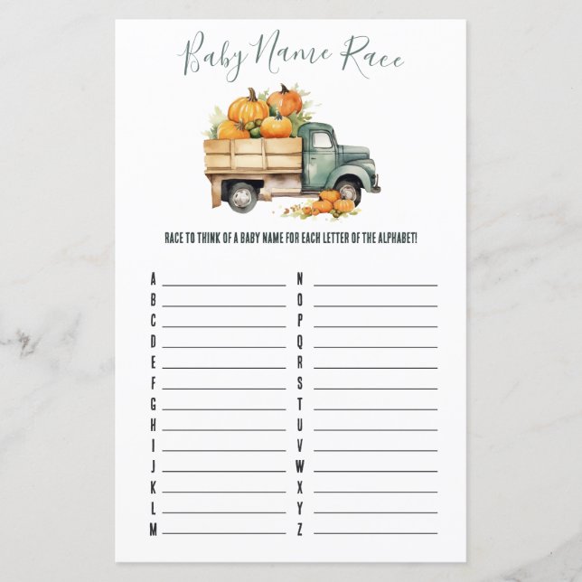 Vintage Pickup Truck Baby Name Race Shower Game (Front)