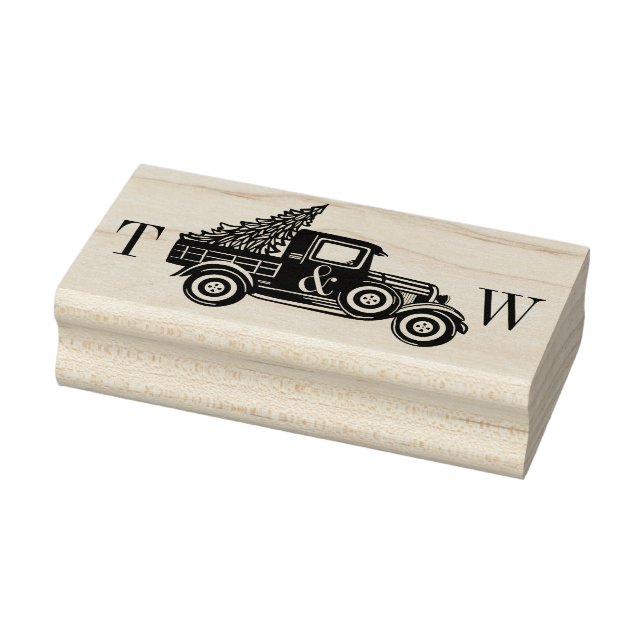 Vintage pickup Truck & Christmas Tree initials Rubber Stamp (Stamp)