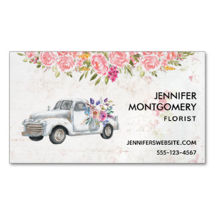 Vintage Pickup Truck & Flowers Rustic Watercolor Magnetic Business Card