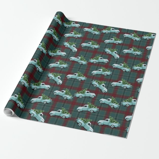 Vintage Pickup Trucks Pine Tree Plaid Wrapping Paper (Unrolled)